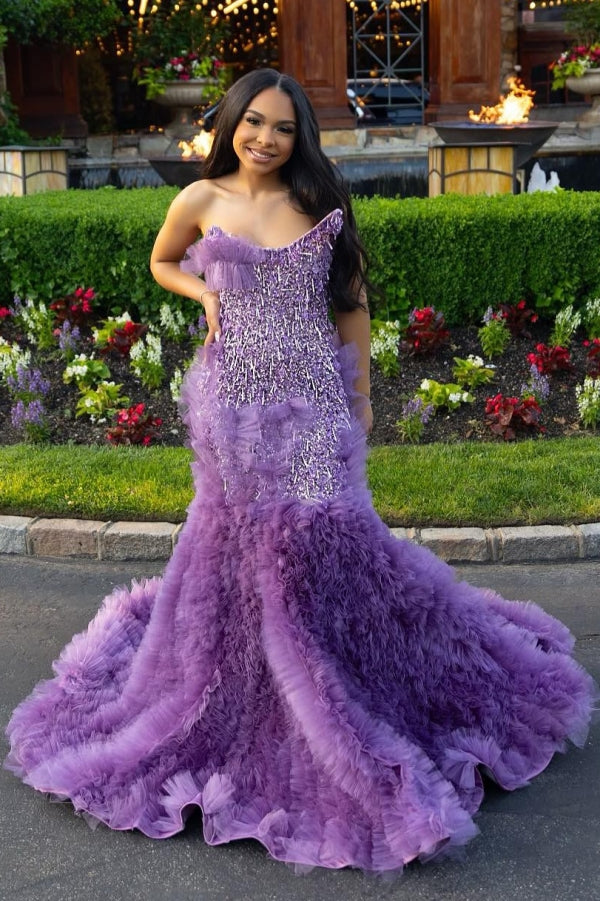 Lilac Modern One Shoulder Ruffles Front Slit Prom Dress-BallBride