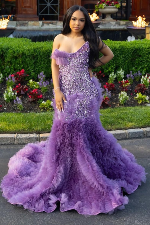 Lilac Modern One Shoulder Ruffles Front Slit Prom Dress-BallBride