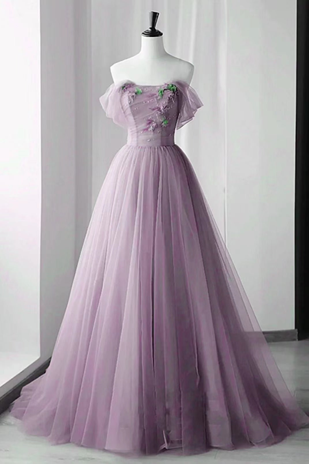 Lilac Off-The-Shoulder Evening Dress with Beadings and Appliques, Tulle Skirt-BallBride