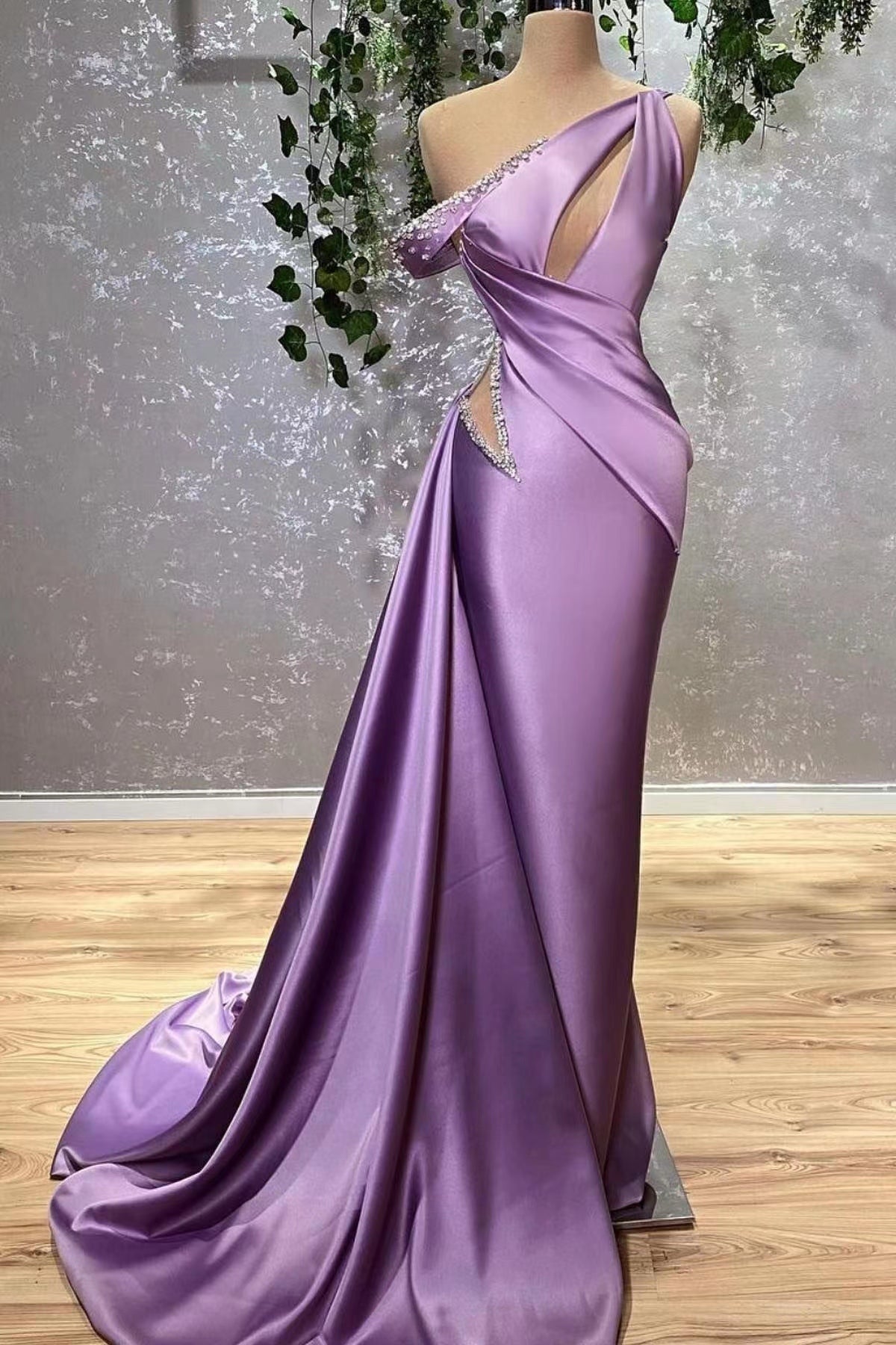Lilac Off-The-Shoulder Sleeveless Mermaid Prom Dress With Rhinstone-BallBride