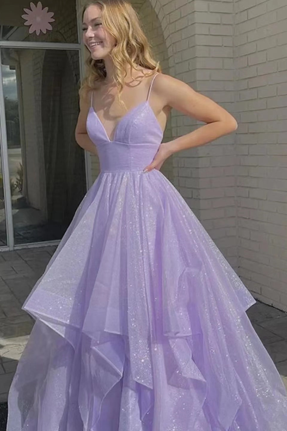 Lilac Spaghetti-Strap V-Neck A-Line Long Prom Dress with Tulle-BallBride