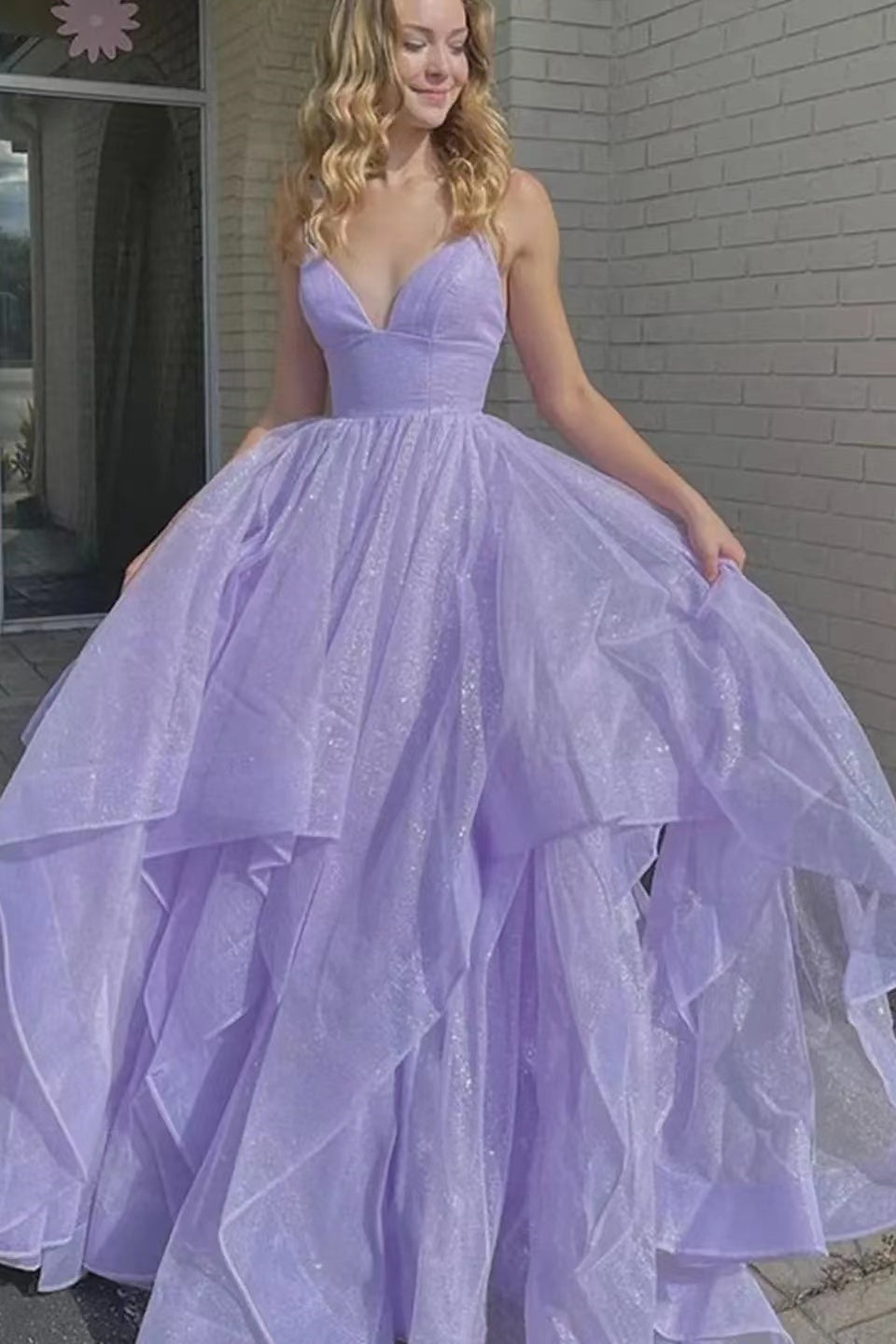 Lilac Spaghetti-Strap V-Neck A-Line Long Prom Dress with Tulle-BallBride