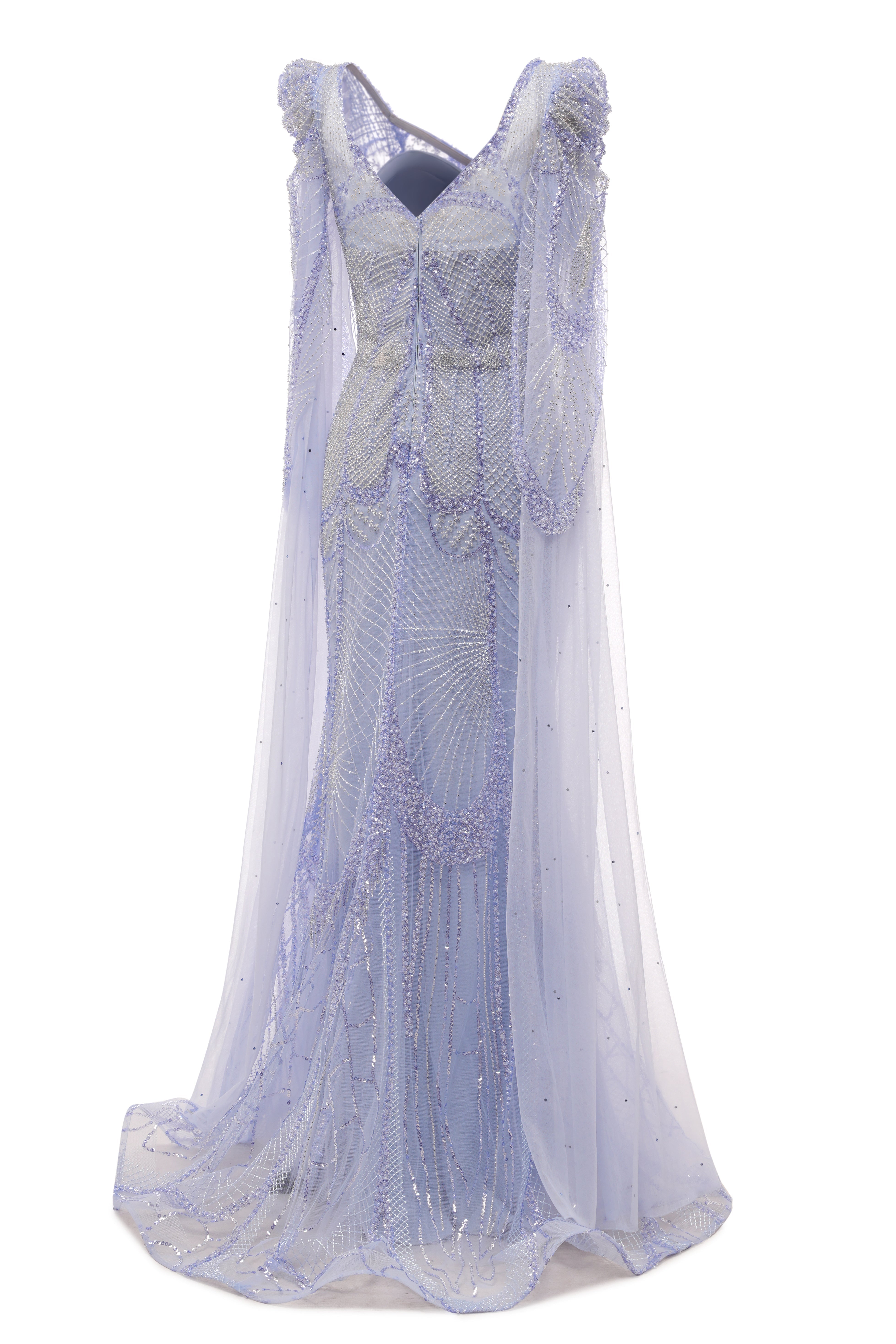 Lilac Tulle Beaded V-neck Mermaid Tulle Evening Dresses-BallBride