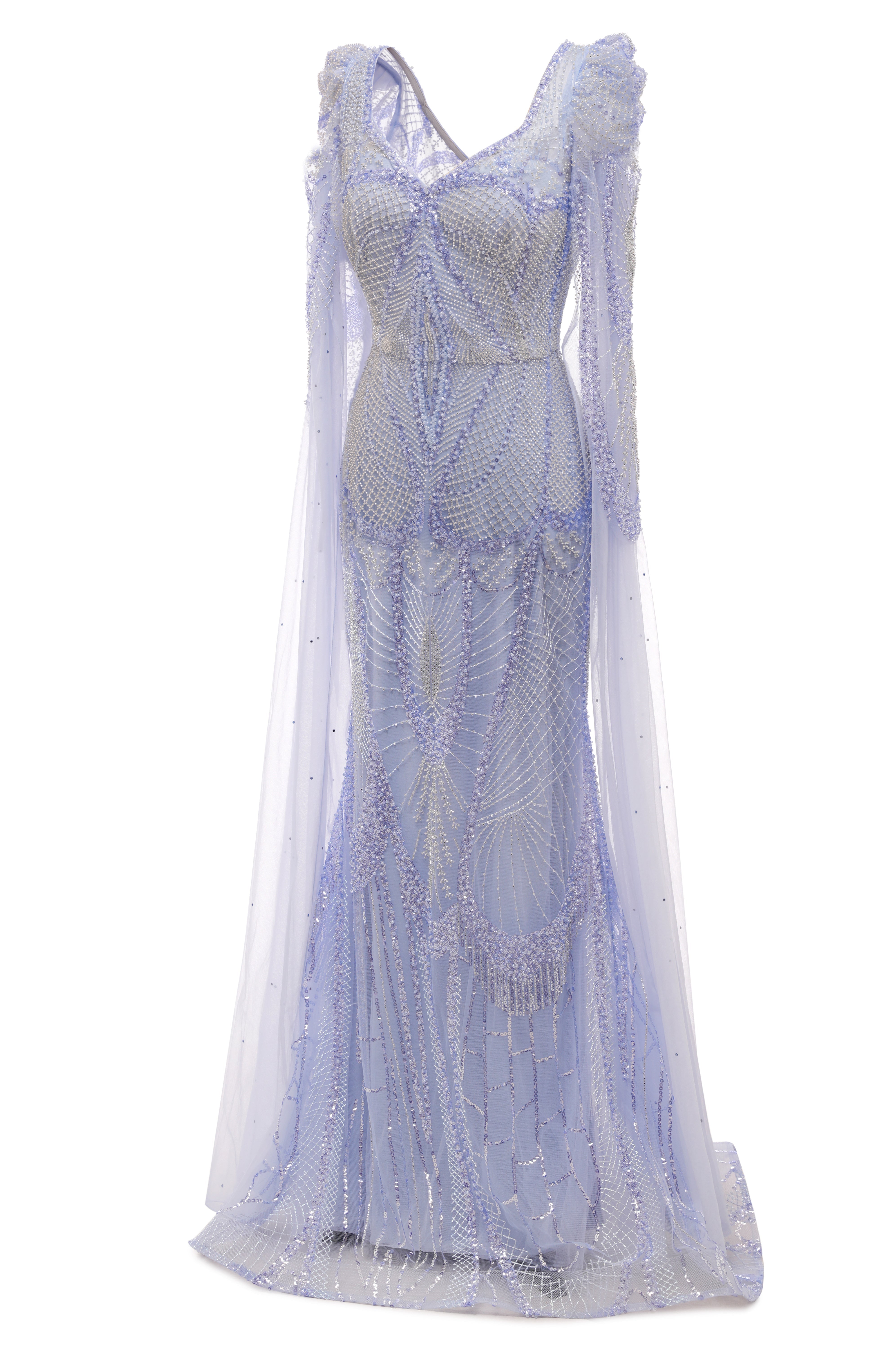 Lilac Tulle Beaded V-neck Mermaid Tulle Evening Dresses-BallBride