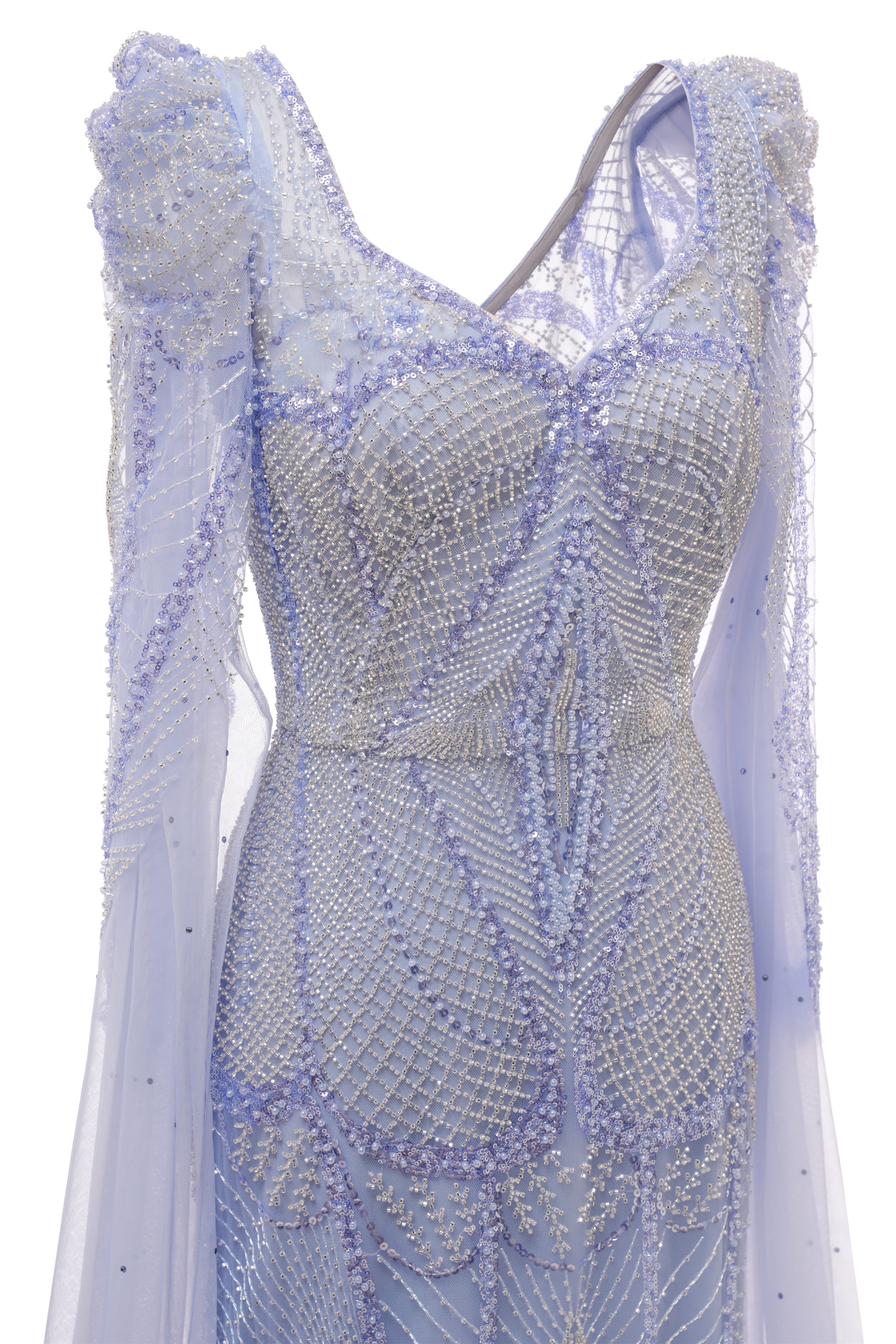 Lilac Tulle Beaded V-neck Mermaid Tulle Evening Dresses-BallBride