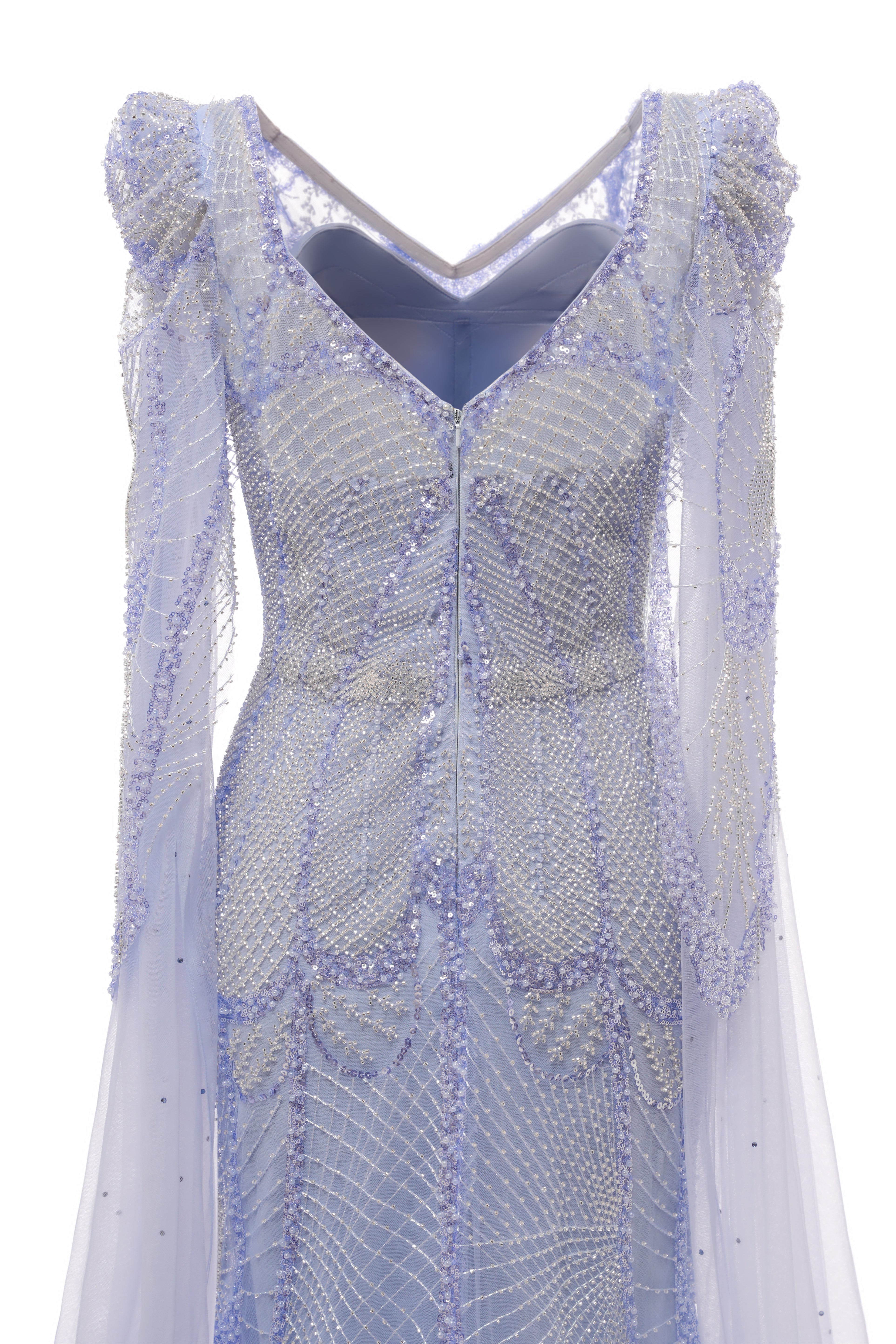 Lilac Tulle Beaded V-neck Mermaid Tulle Evening Dresses-BallBride