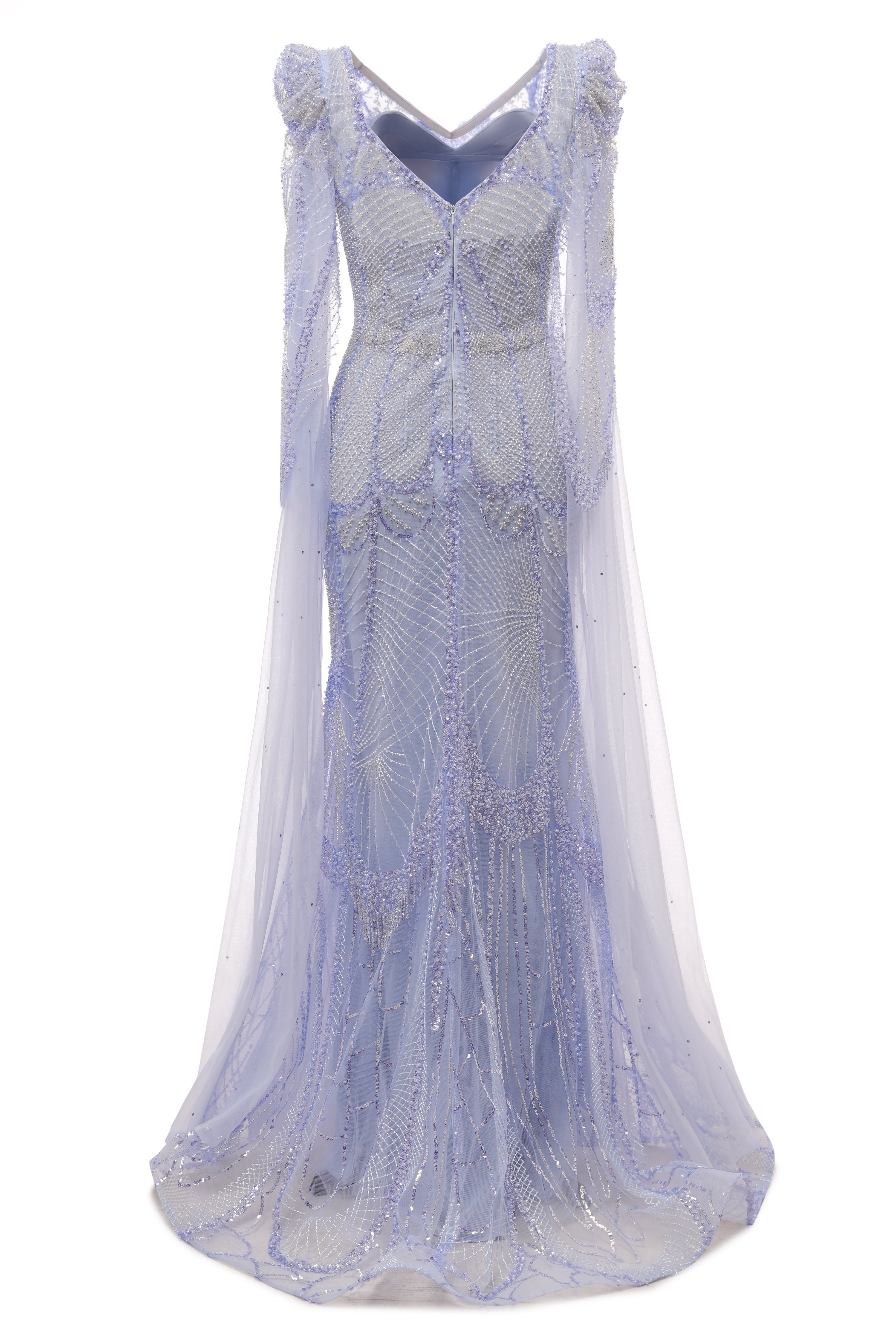 Lilac Tulle Beaded V-neck Mermaid Tulle Evening Dresses-BallBride