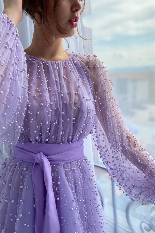 Lilac Tulle Prom Dress with Pearls and Long Sleeves-BallBride