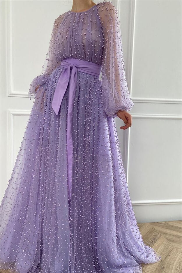 Lilac Tulle Prom Dress with Pearls and Long Sleeves-BallBride