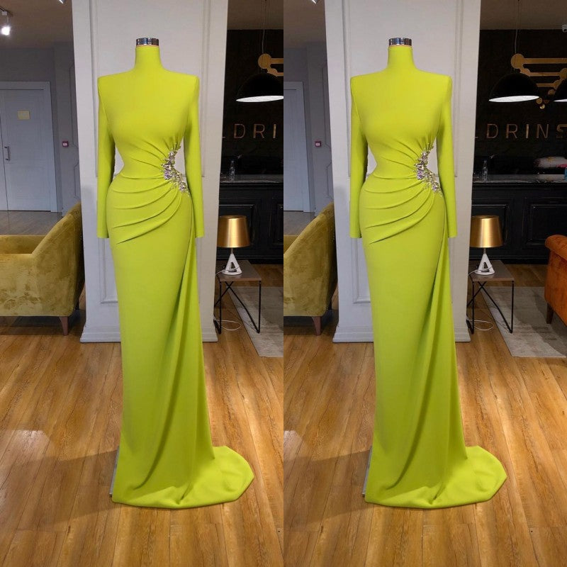 Lime Green High Neck Spandex Long Sleeve Crystal Prom Dress-BallBride