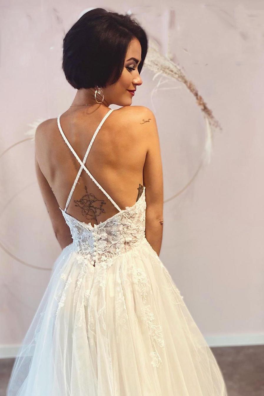 Long A-line Deep V-neck Spaghetti Straps Backless Tulle Wedding Dress with Lace-BallBride