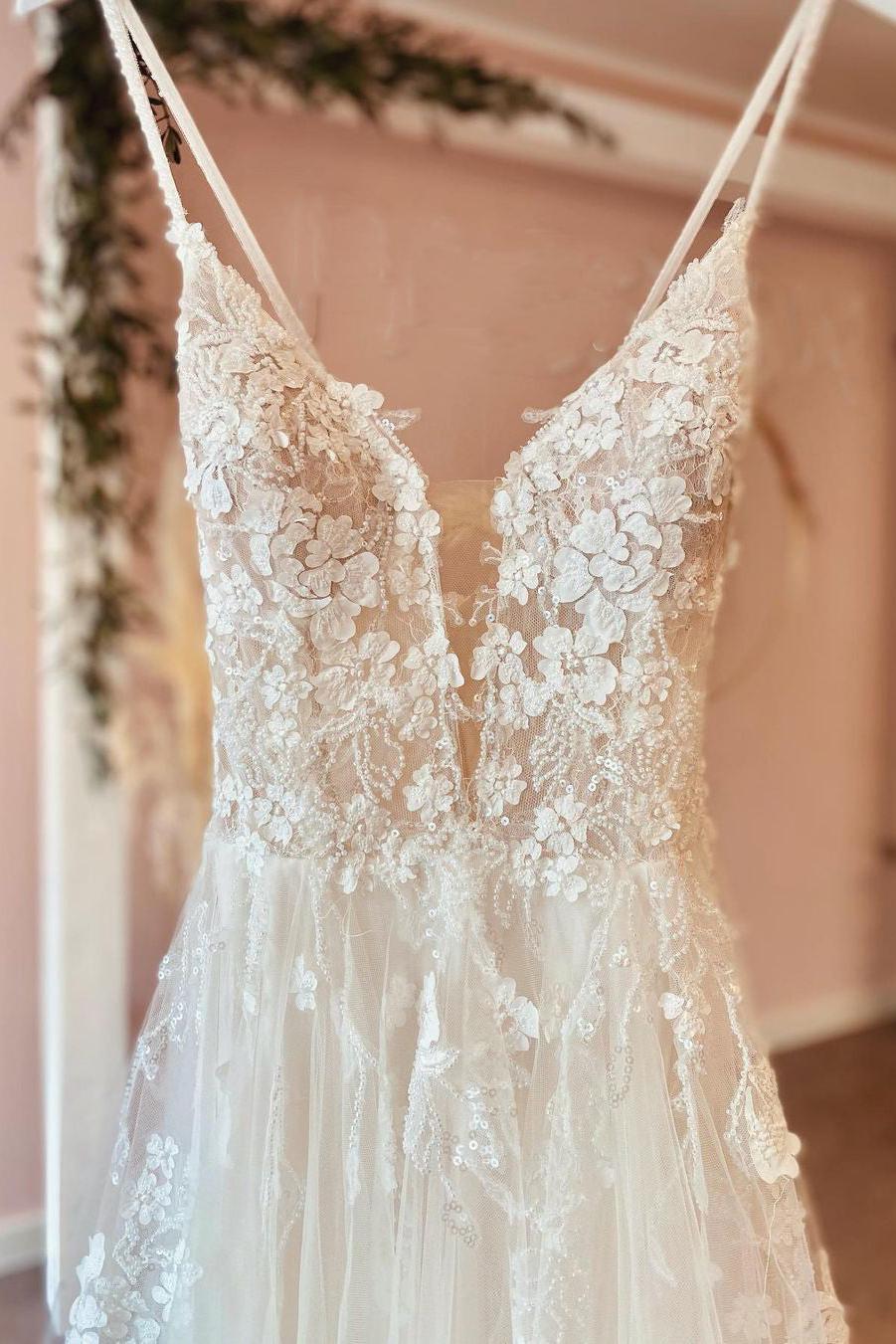 Long A-line Deep V-neck Spaghetti Straps Backless Tulle Wedding Dress with Lace-BallBride