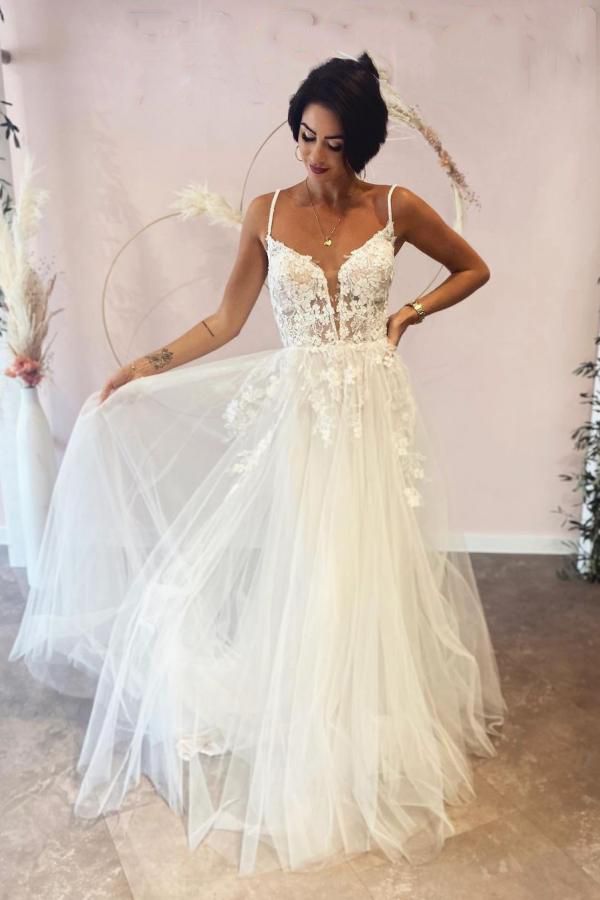 Long A-line Deep V-neck Spaghetti Straps Backless Tulle Wedding Dress with Lace-BallBride