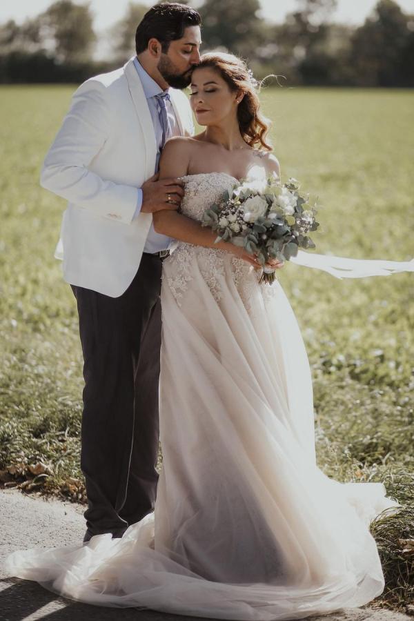 Long A-line Off-the-Shoulder Boho Wedding Dress with Lace Tulle-BallBride