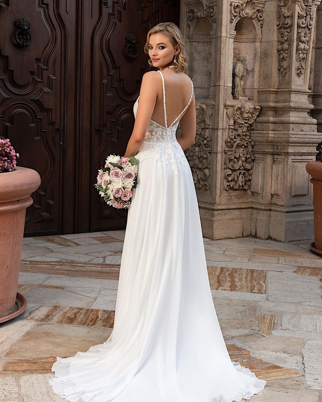 Long A-Line Split V-Neck Wedding Dress with Chiffon Lace-BallBride
