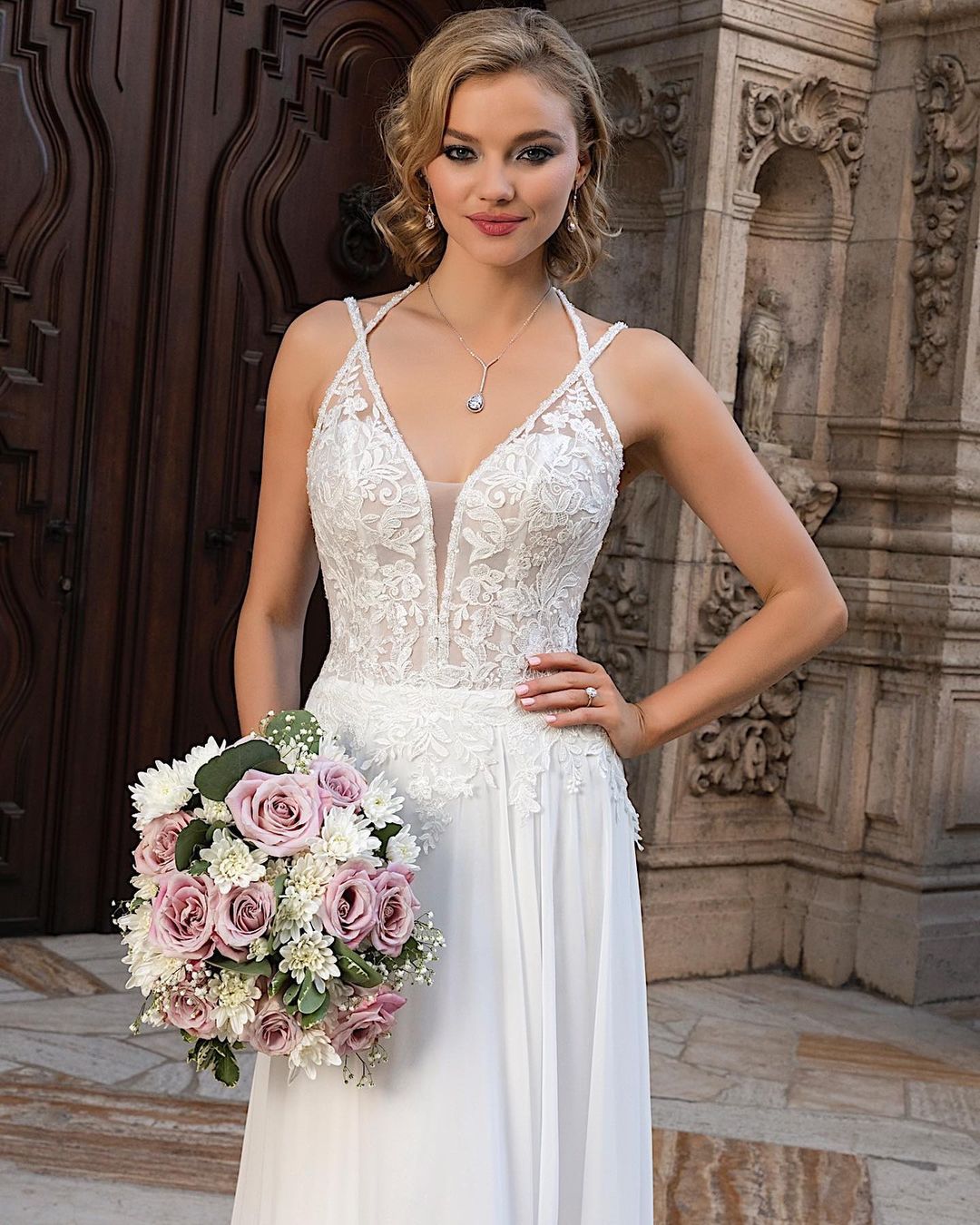 Long A-Line Split V-Neck Wedding Dress with Chiffon Lace-BallBride