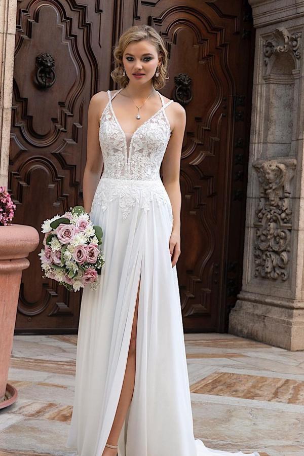 Long A-Line Split V-Neck Wedding Dress with Chiffon Lace-BallBride