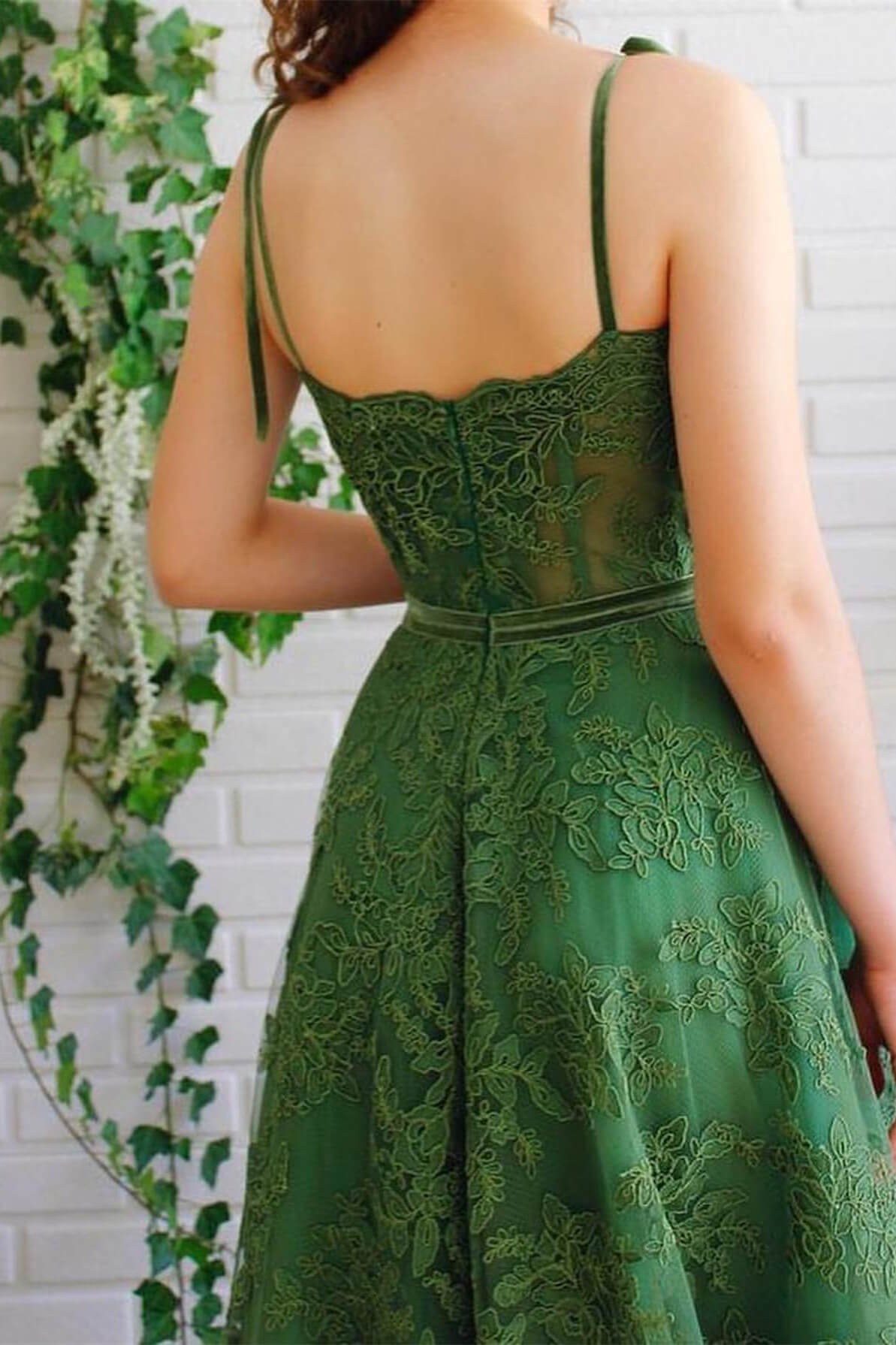Long A-Line Strapless Emerald Green Spaghetti-Straps Evening Dress with Appliques-BallBride