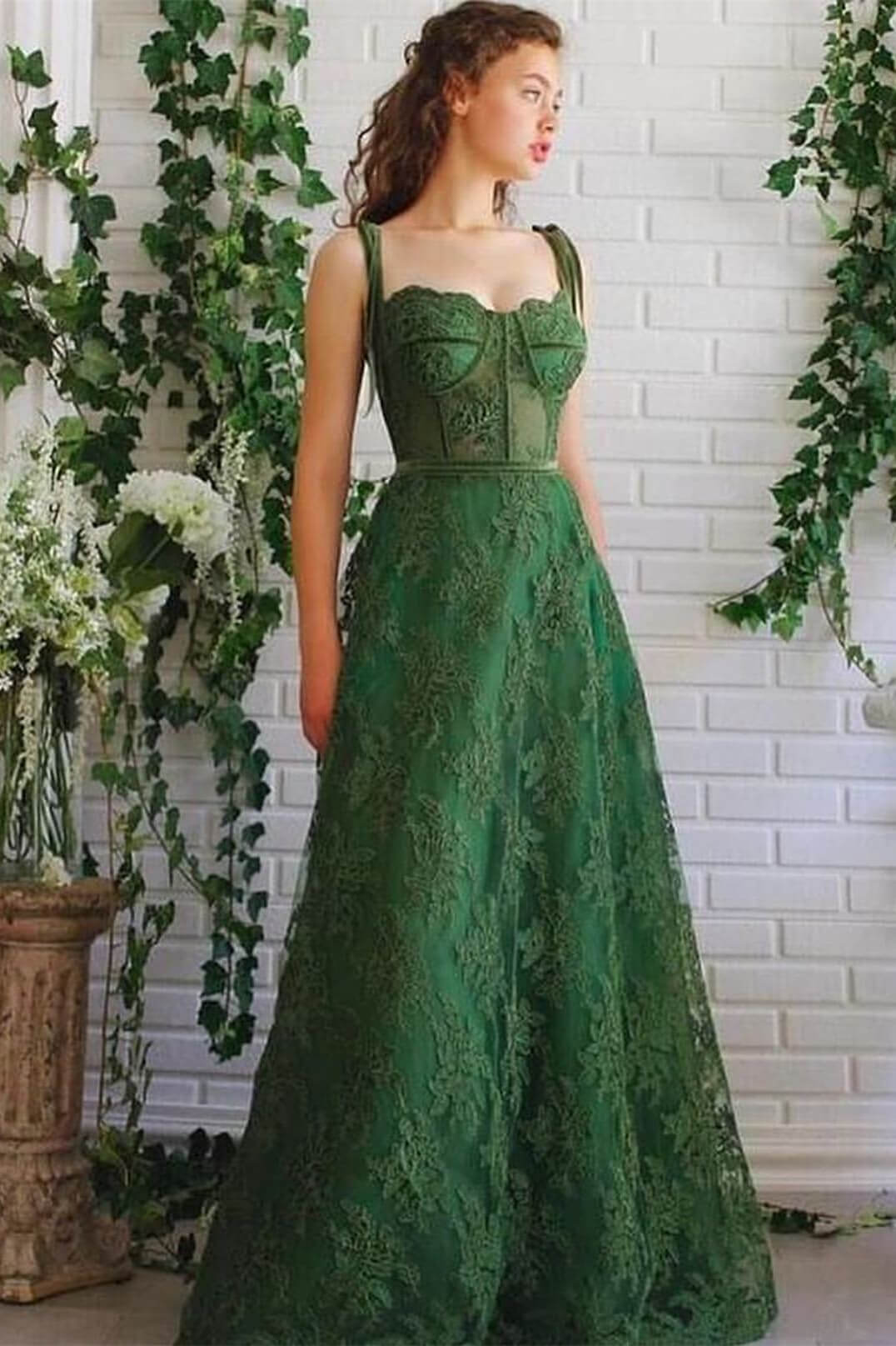 Long A-Line Strapless Emerald Green Spaghetti-Straps Evening Dress with Appliques-BallBride