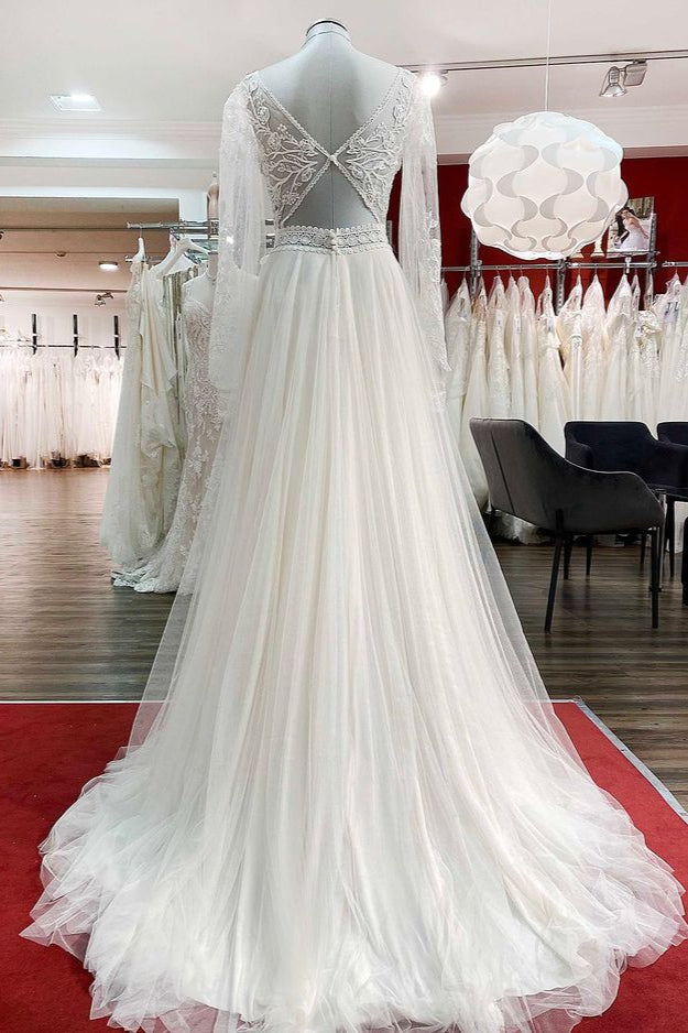Long A-line Sweetheart Appliques Wedding Dress With Sleeves and Tulle Beadings Lace-BallBride