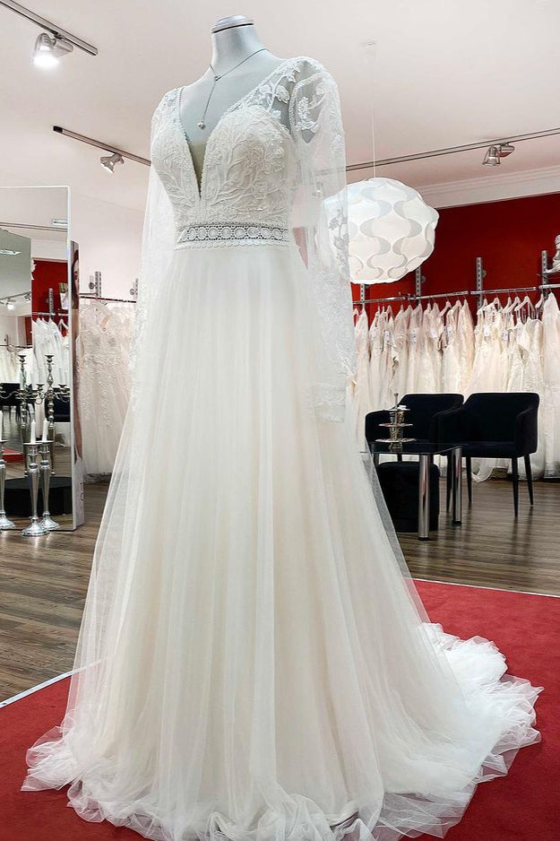 Long A-line Sweetheart Appliques Wedding Dress With Sleeves and Tulle Beadings Lace-BallBride