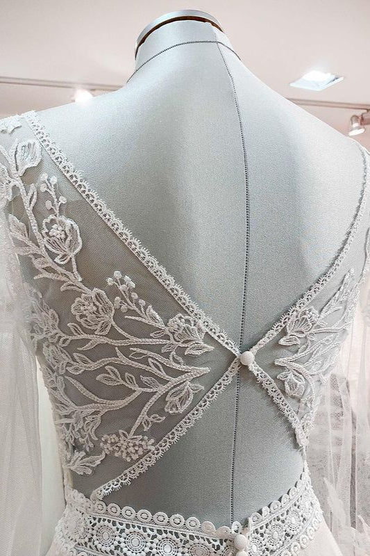Long A-line Sweetheart Appliques Wedding Dress With Sleeves and Tulle Beadings Lace-BallBride