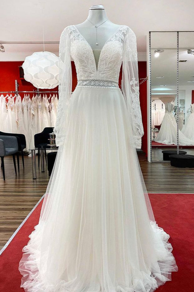 Long A-line Sweetheart Appliques Wedding Dress With Sleeves and Tulle Beadings Lace-BallBride