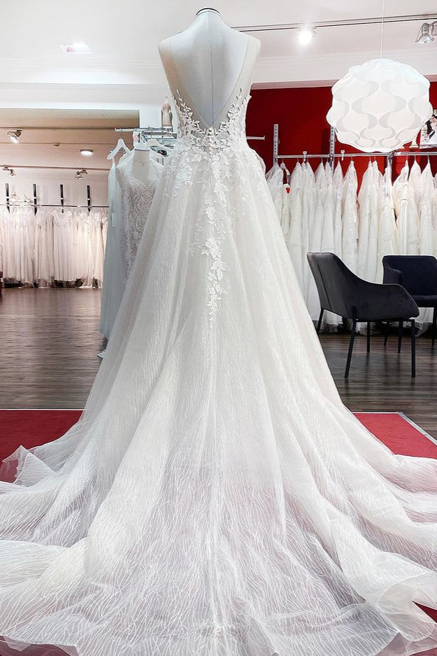 Long A-line Tulle Sleevless Wedding Dress With Lace Appliques and Ruffles-BallBride