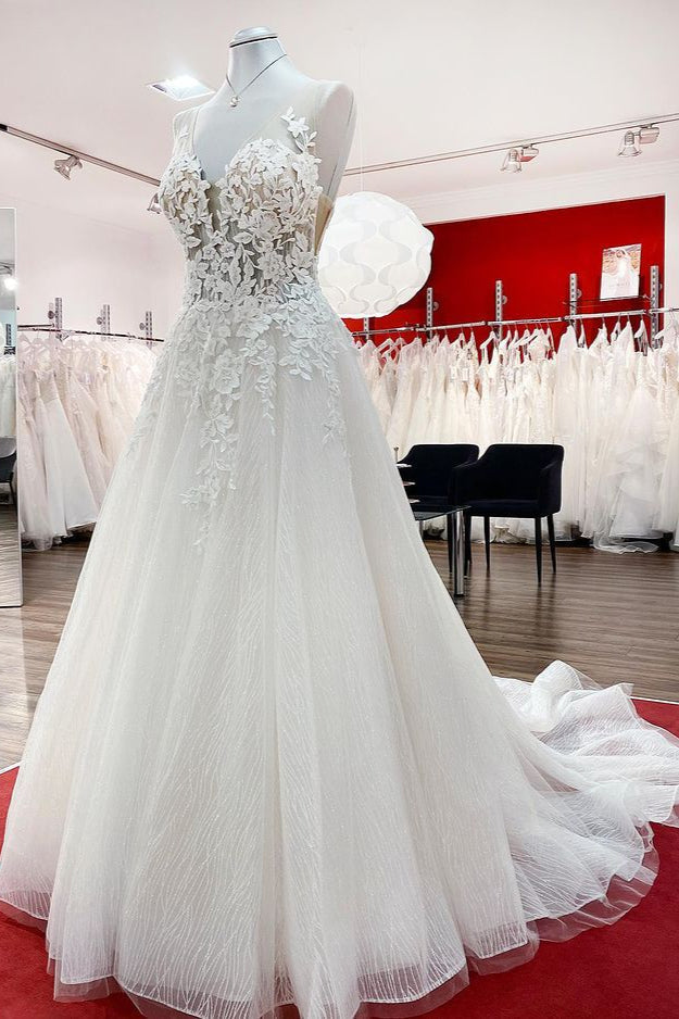 Long A-line Tulle Sleevless Wedding Dress With Lace Appliques and Ruffles-BallBride