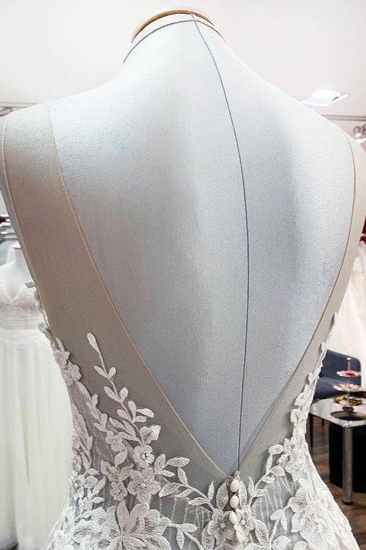 Long A-line Tulle Sleevless Wedding Dress With Lace Appliques and Ruffles-BallBride