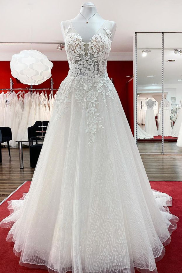 Long A-line Tulle Sleevless Wedding Dress With Lace Appliques and Ruffles-BallBride