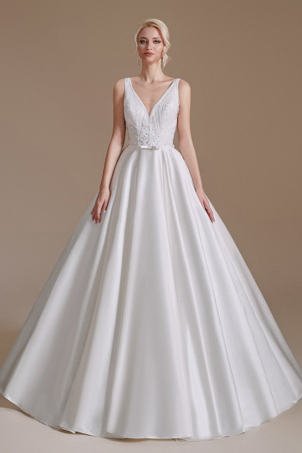 Long A-line V-neck Satin Wedding Dress with Appliques Lace-BallBride