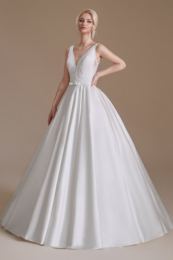 Long A-line V-neck Satin Wedding Dress with Appliques Lace-BallBride