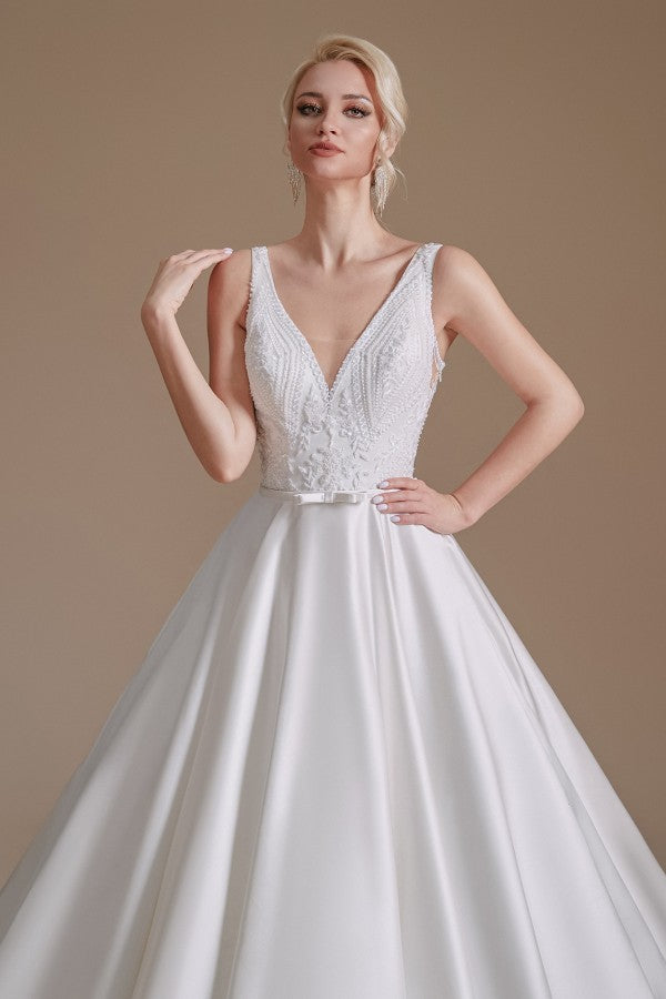Long A-line V-neck Satin Wedding Dress with Appliques Lace-BallBride
