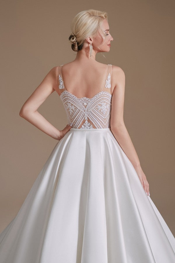Long A-line V-neck Satin Wedding Dress with Appliques Lace-BallBride