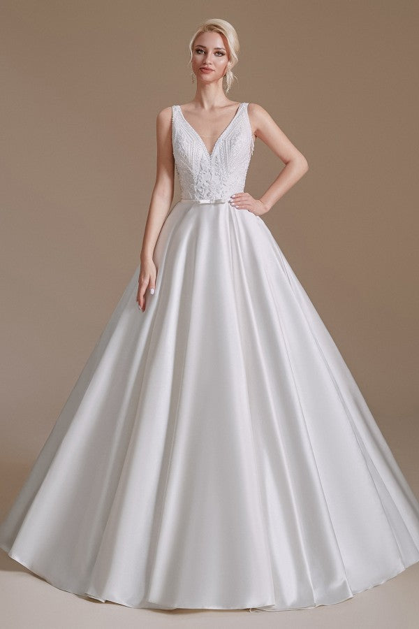 Long A-line V-neck Satin Wedding Dress with Appliques Lace-BallBride