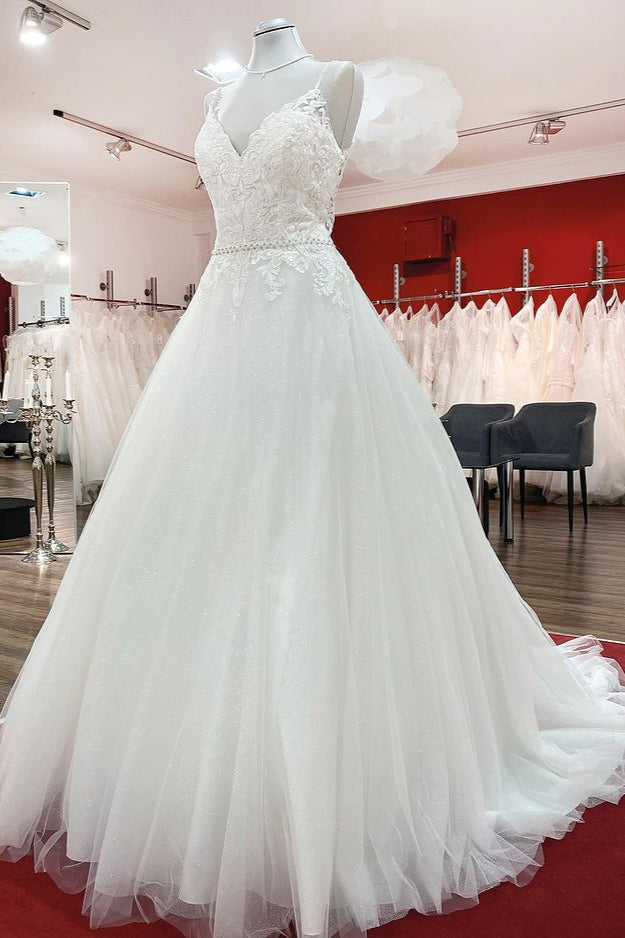 Long A-line V-neck Spaghetti-Straps Backless Wedding Dress with Lace Ruffles-BallBride