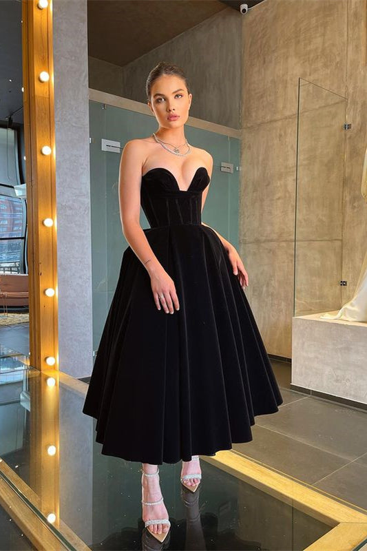 Long Black Tea-Length Prom Dress-BallBride