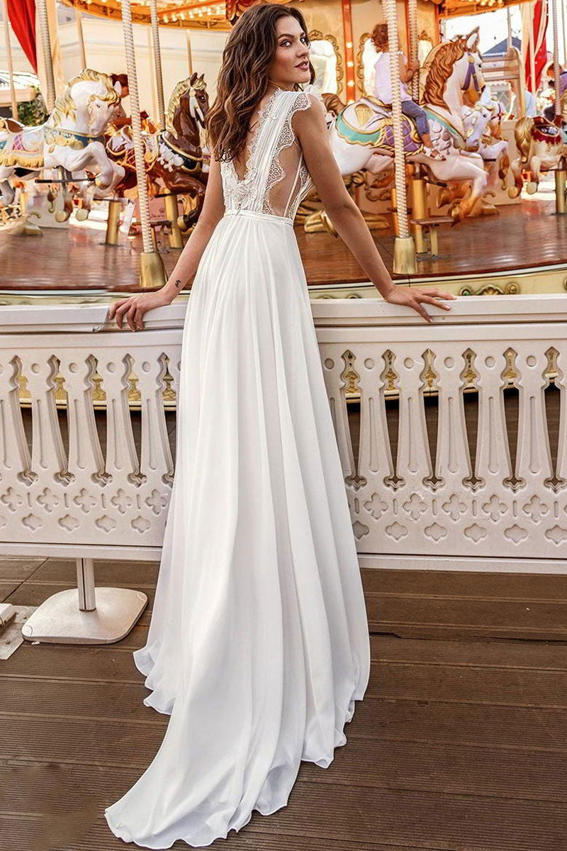 Long Chiffon Wedding Dress with Sleeveless Design-BallBride