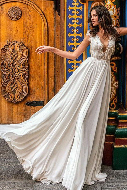 Long Chiffon Wedding Dress with Sleeveless Design-BallBride