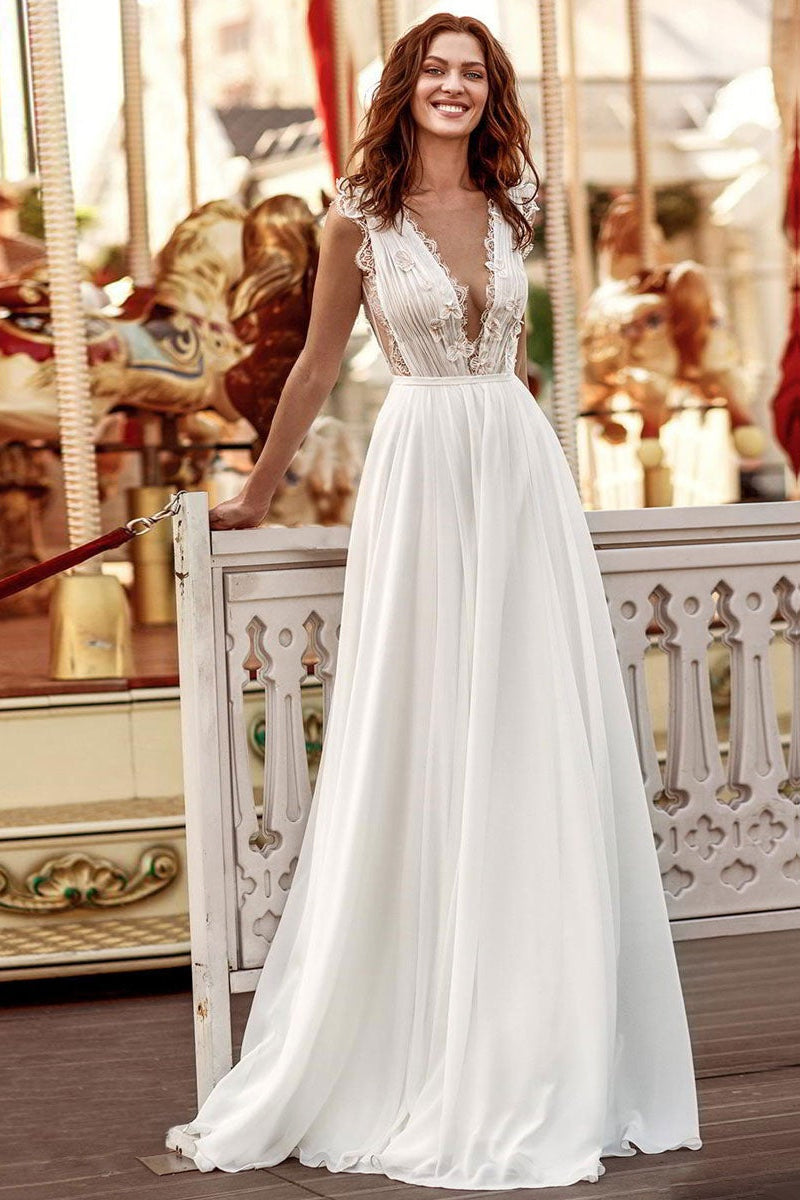 Long Chiffon Wedding Dress with Sleeveless Design-BallBride