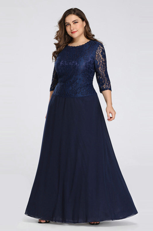 Long Half-Sleeve Navy Lace Plus Size Dress Online-BallBride