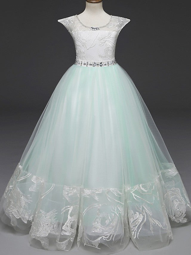 Long Length Cap Sleeve Jewel Neck Flower Girl Dress with Lace Tulle Belt & Crystals Rhinestones-BallBride