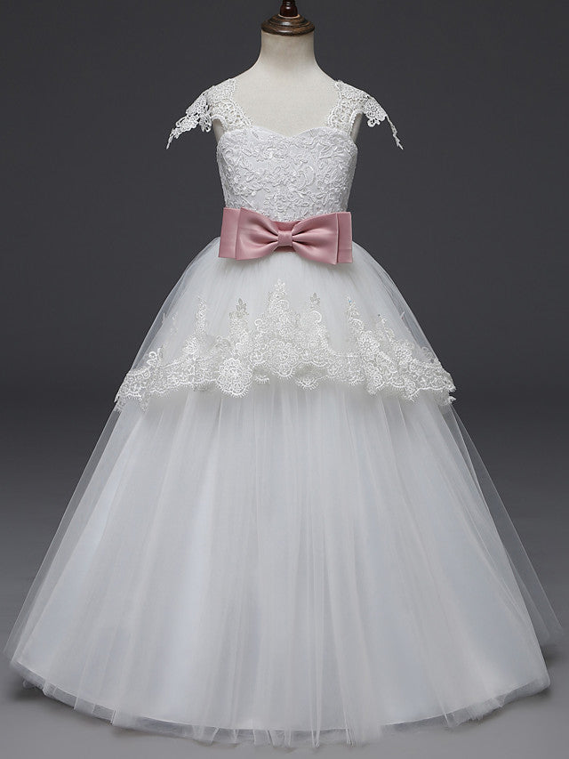 Long Length Cap Sleeve Scoop Neck Flower Girl Dresses with Lace Tulle Belt and Appliques-BallBride