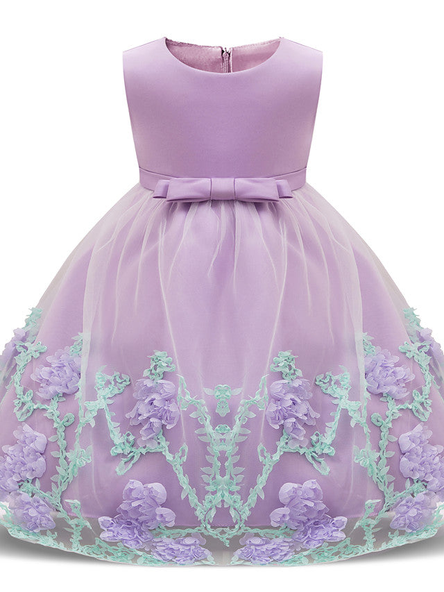 Long Length Sleeveless Jewel Neck Flower Girl Dresses with Satin Tulle and Petal Bow Appliques-BallBride