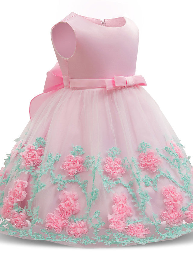 Long Length Sleeveless Jewel Neck Flower Girl Dresses with Satin Tulle and Petal Bow Appliques-BallBride