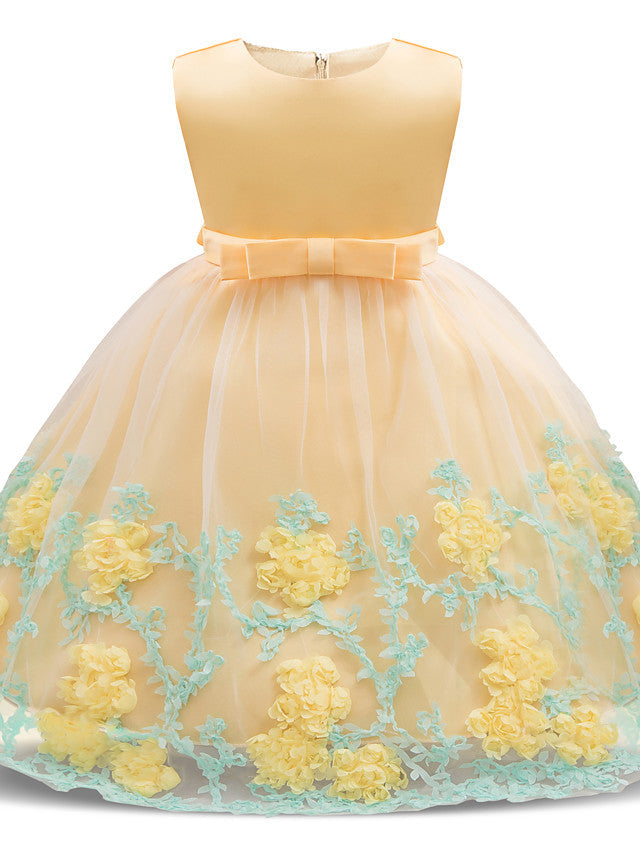 Long Length Sleeveless Jewel Neck Flower Girl Dresses with Satin Tulle and Petal Bow Appliques-BallBride