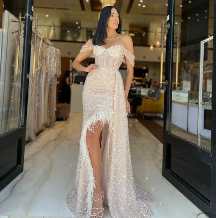 Long Mermaid Evening Dress with Feathers for Sweethearts-BallBride