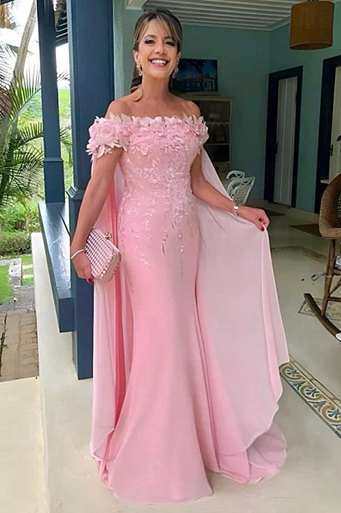 Long Mermaid Off the shoulder Cap sleeves Flowers Formal Prom Dresses-BallBride