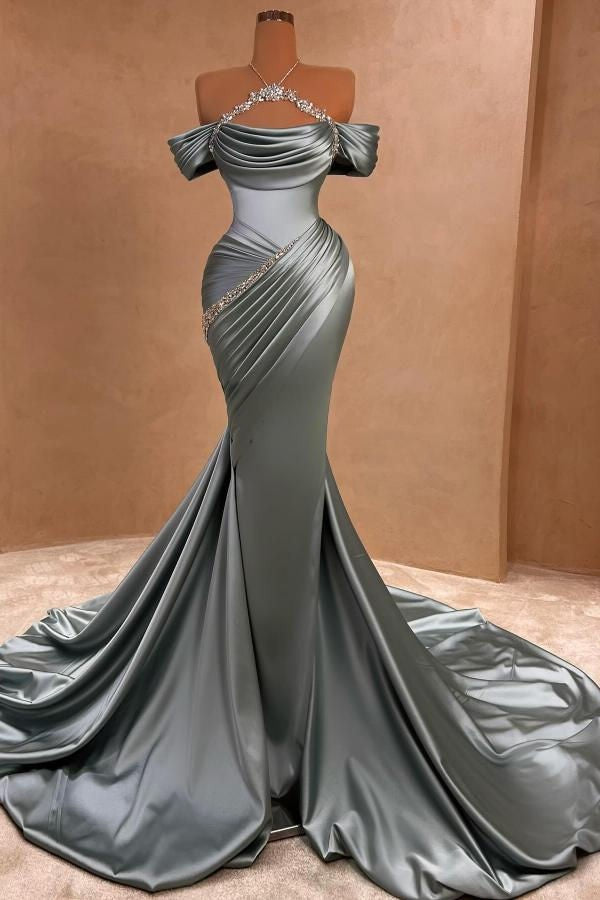 Long Mermaid Off the shoulder Gray Satin Prom Dresses with Cap sleeves-BallBride